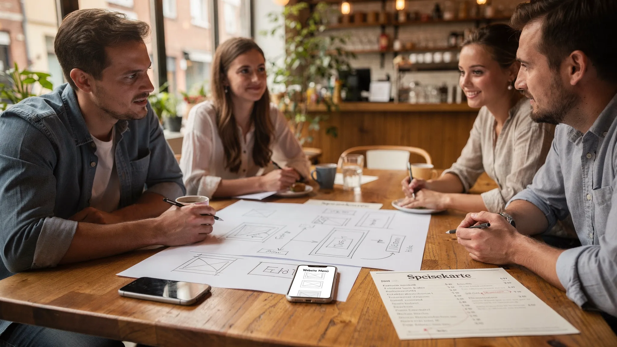Team discussing website structure in a cafe